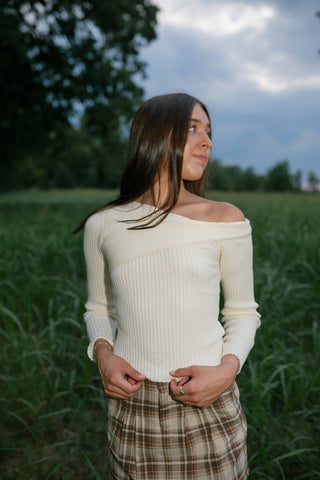 Cream Draped Shoulder Sweater Top