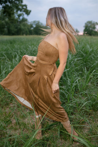 Camel Suede Belted Midi Dress