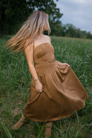 Camel Suede Belted Midi Dress