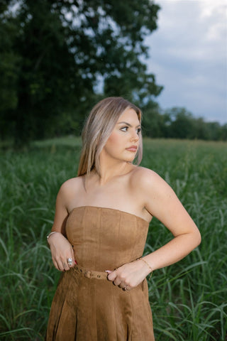 Camel Suede Belted Midi Dress