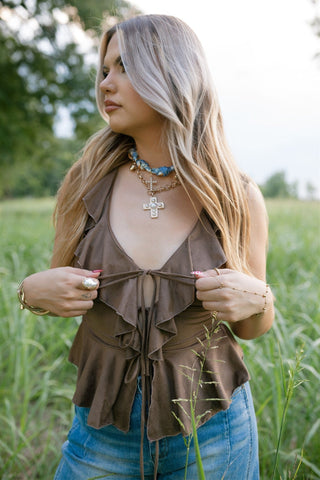 Mocha Suede Ruffle Tie Front Top