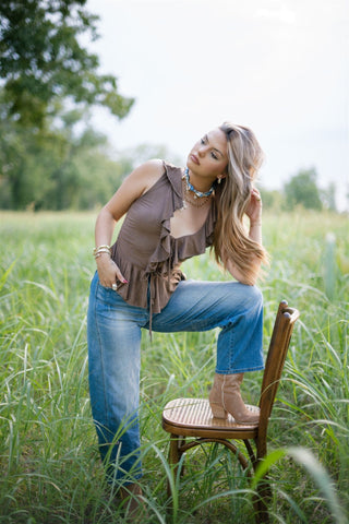 Mocha Suede Ruffle Tie Front Top