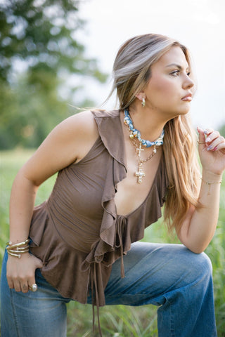 Mocha Suede Ruffle Tie Front Top