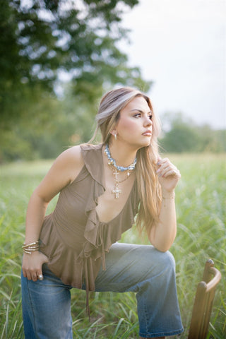 Mocha Suede Ruffle Tie Front Top