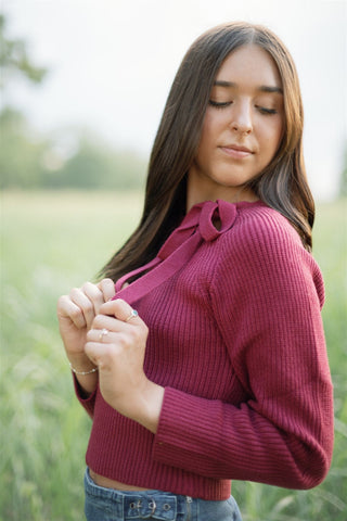 Berry Ribbon Tie Sweater Top
