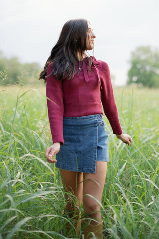 Berry Ribbon Tie Sweater Top