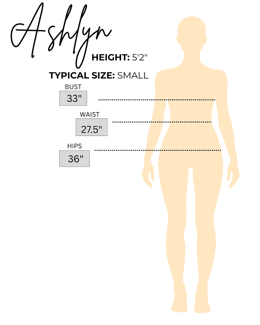 Sizing chart for Ashlyn, the model wearing Purple & Gold Trim Scallop Hem Mini Skirt Set