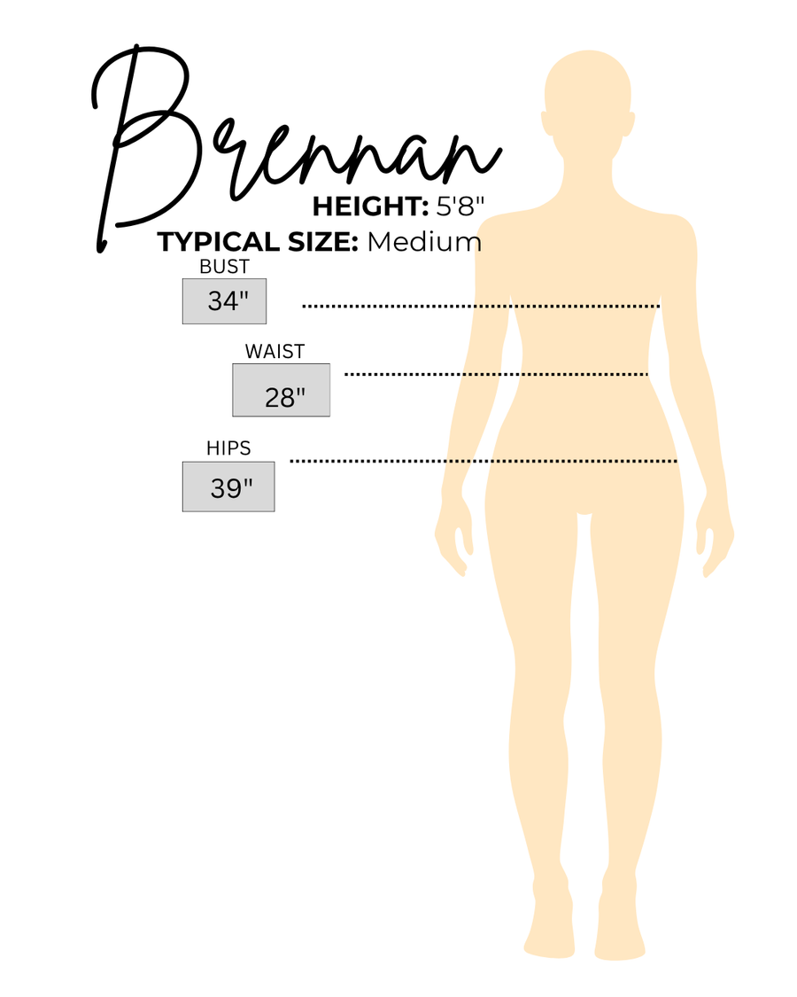 Sizing chart for Brennan, the model wearing Black Polka Dot Puff Sleeve Blouse