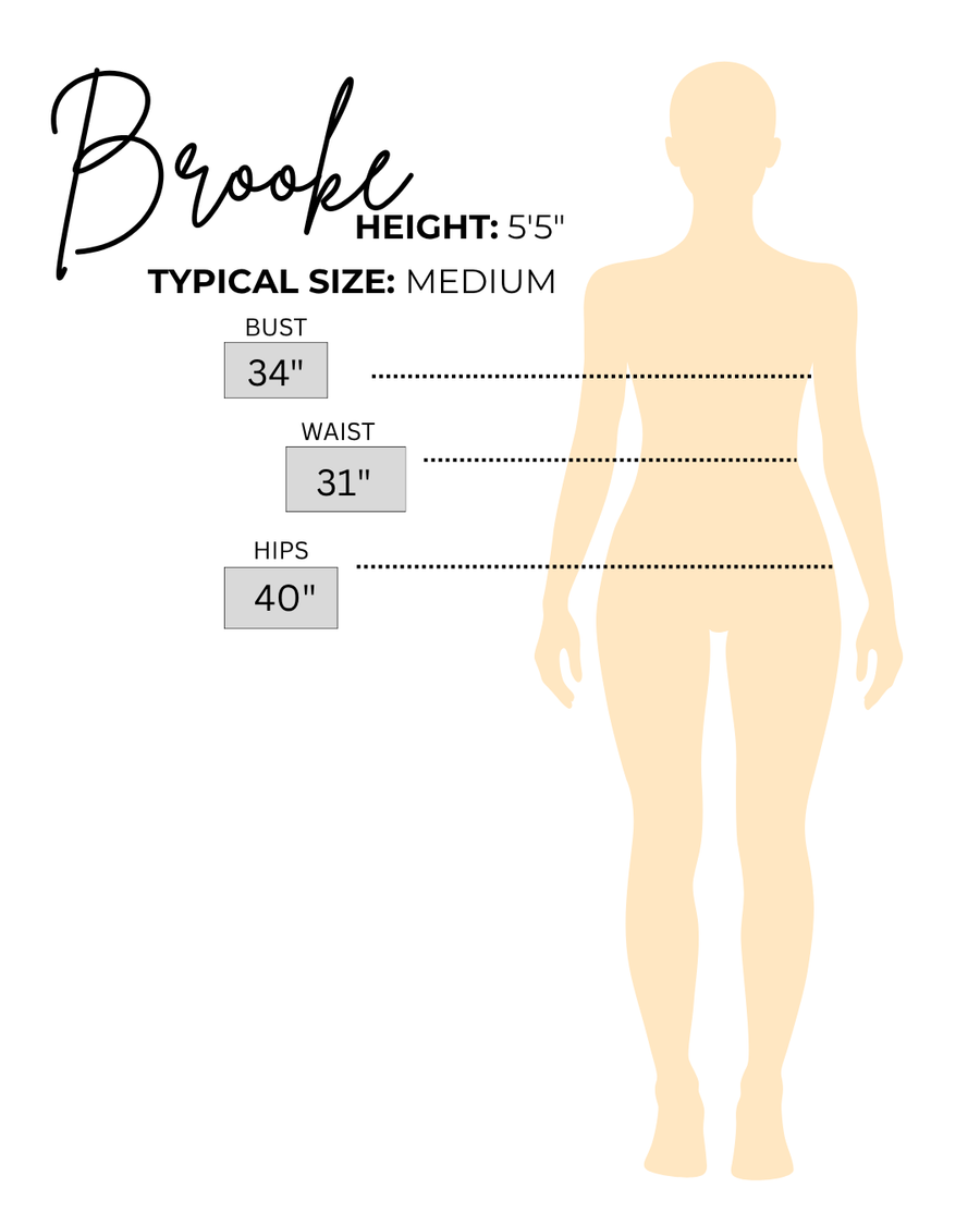 Sizing chart for Brooke, the model wearing White Eyelet Embroidered Denim Jeans