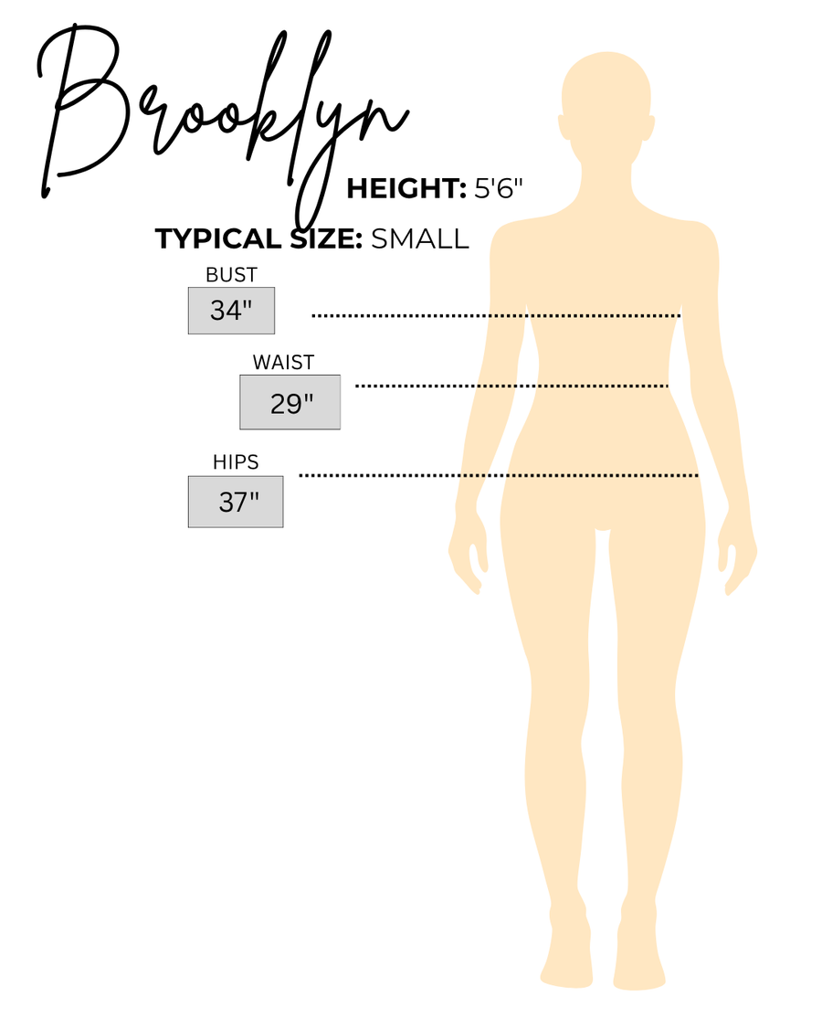 Sizing chart for Brooklyn, the model wearing Pink Flutter Sleeve Gathered Blouse