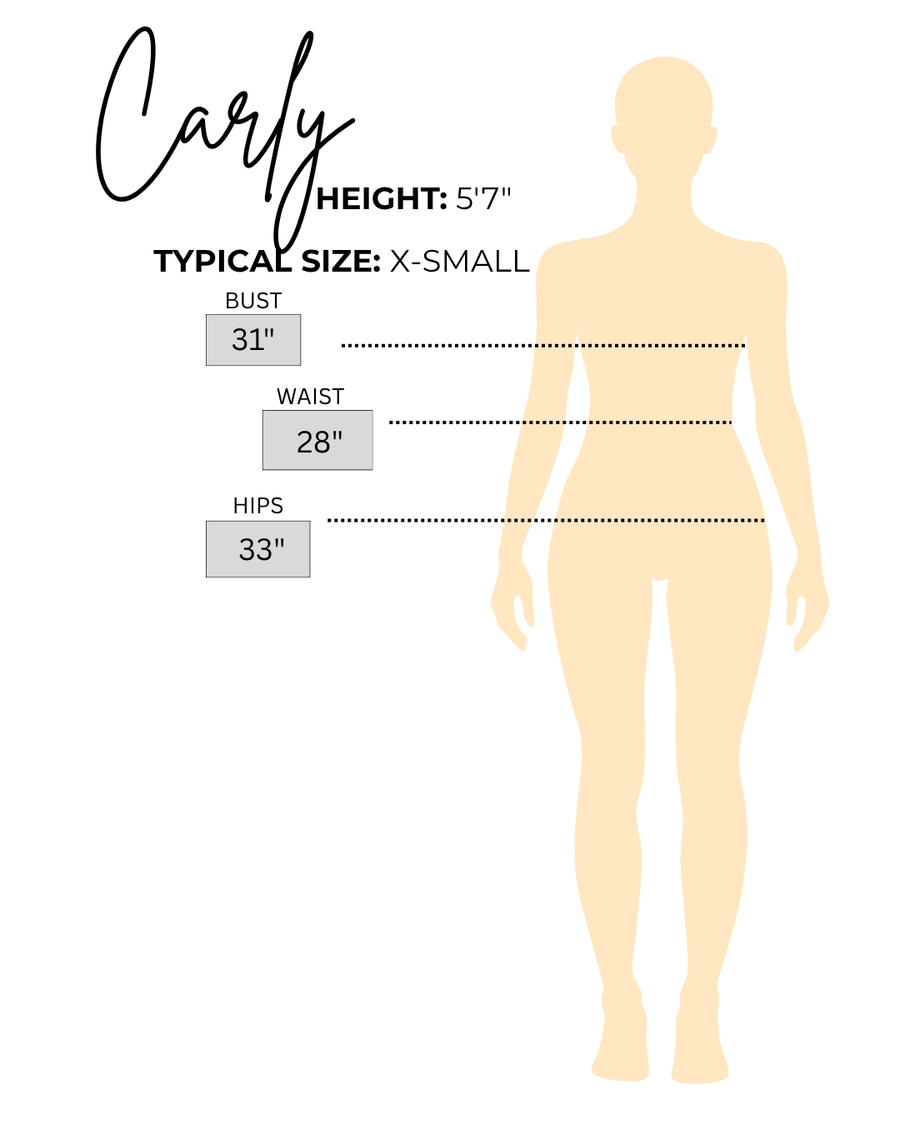 Sizing chart for Carly, the model wearing Black Button Detail Fitted Mini Dress