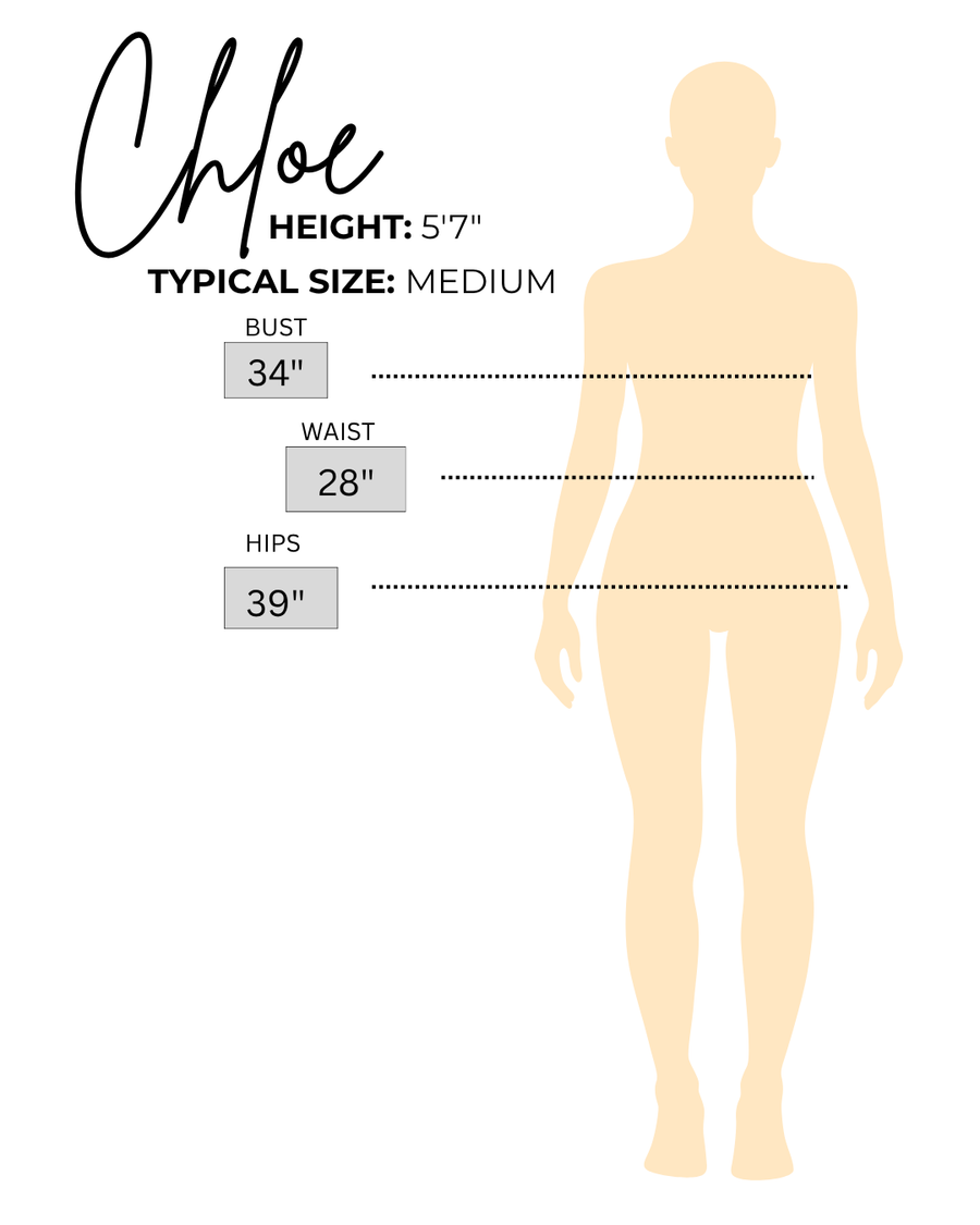 Sizing chart for Chloe, the model wearing White Boat Neck Flare Dress