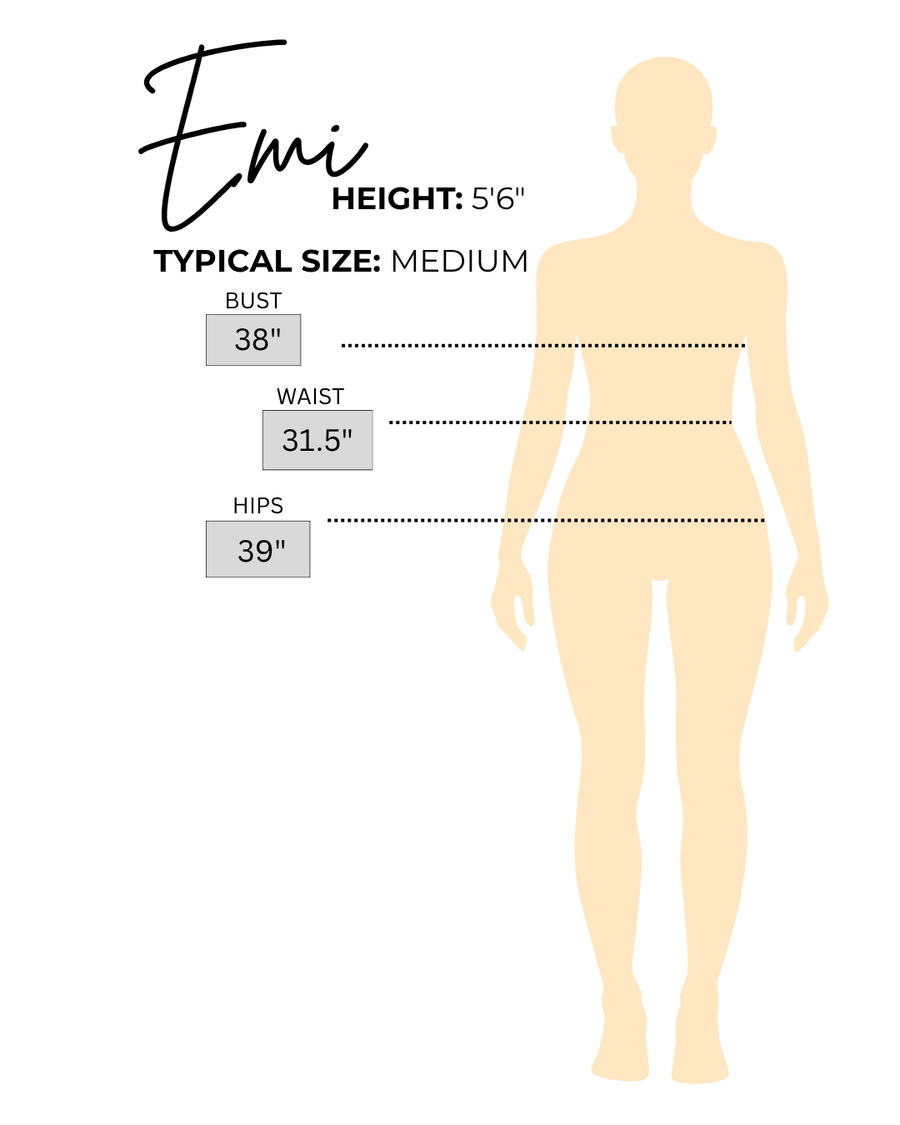 Sizing chart for Emi, the model wearing Linen Pinstripe Set Cropped Blazer