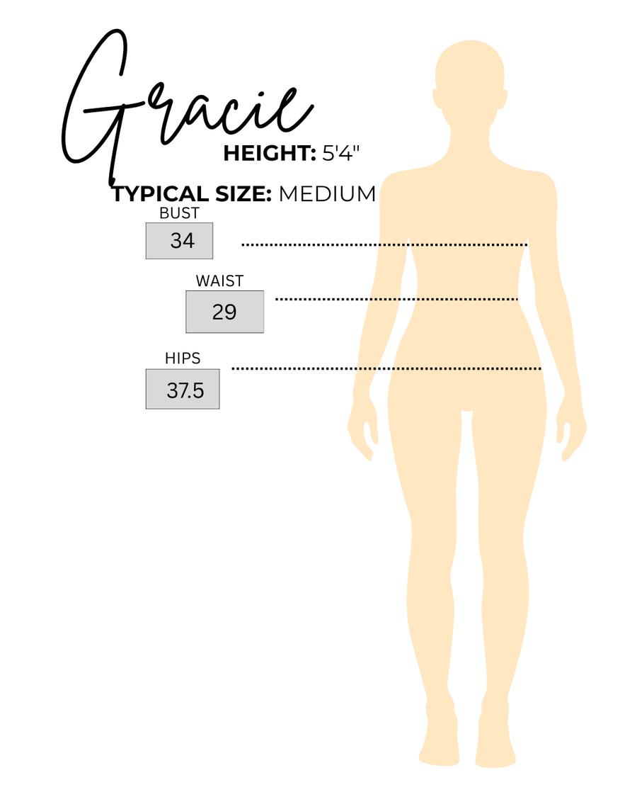 Sizing chart for Gracie, the model wearing Cream Active Set Cutout Back Sports Bra