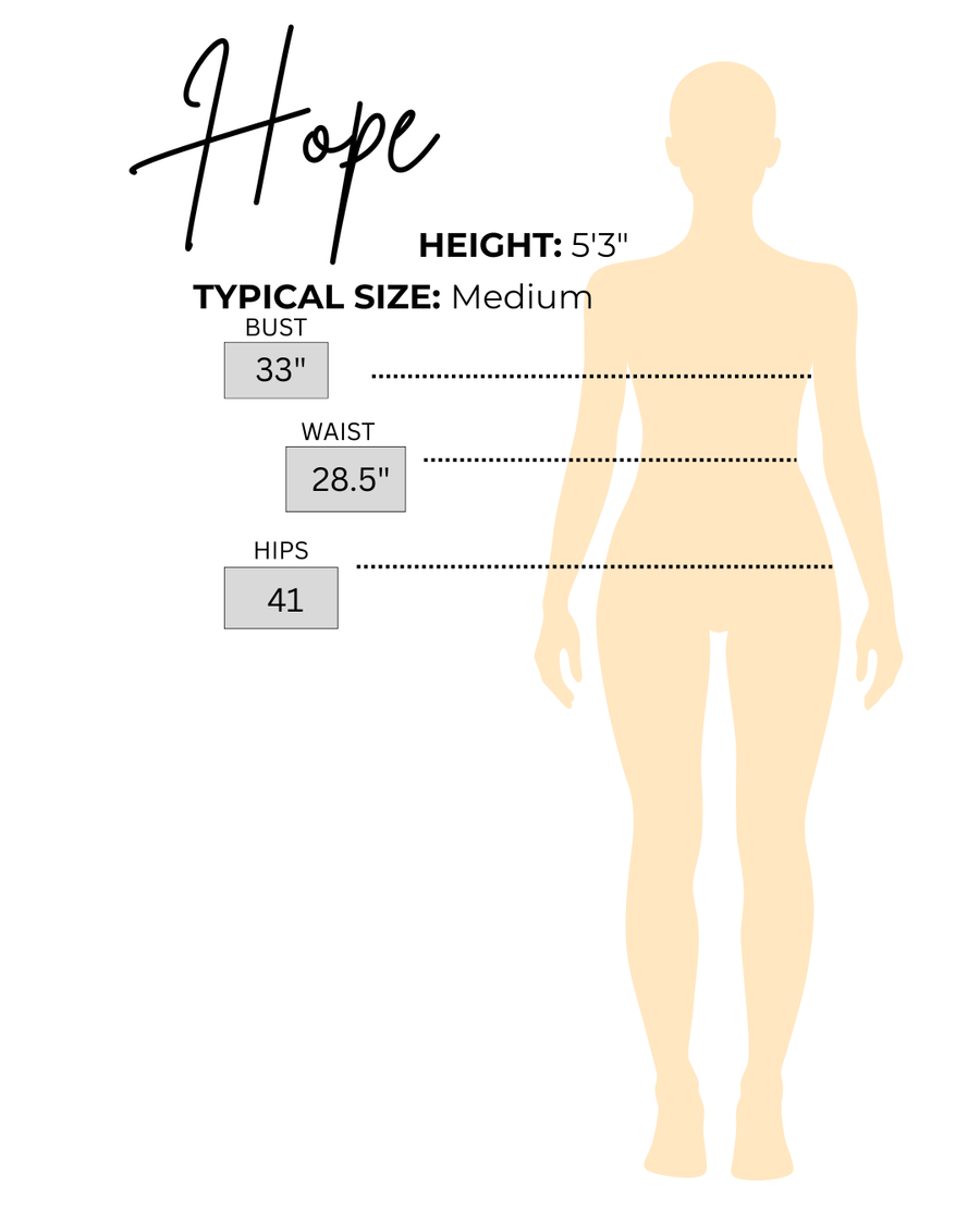 Sizing chart for Hope, the model wearing Purple Polka Dot Bubble Hem Dress