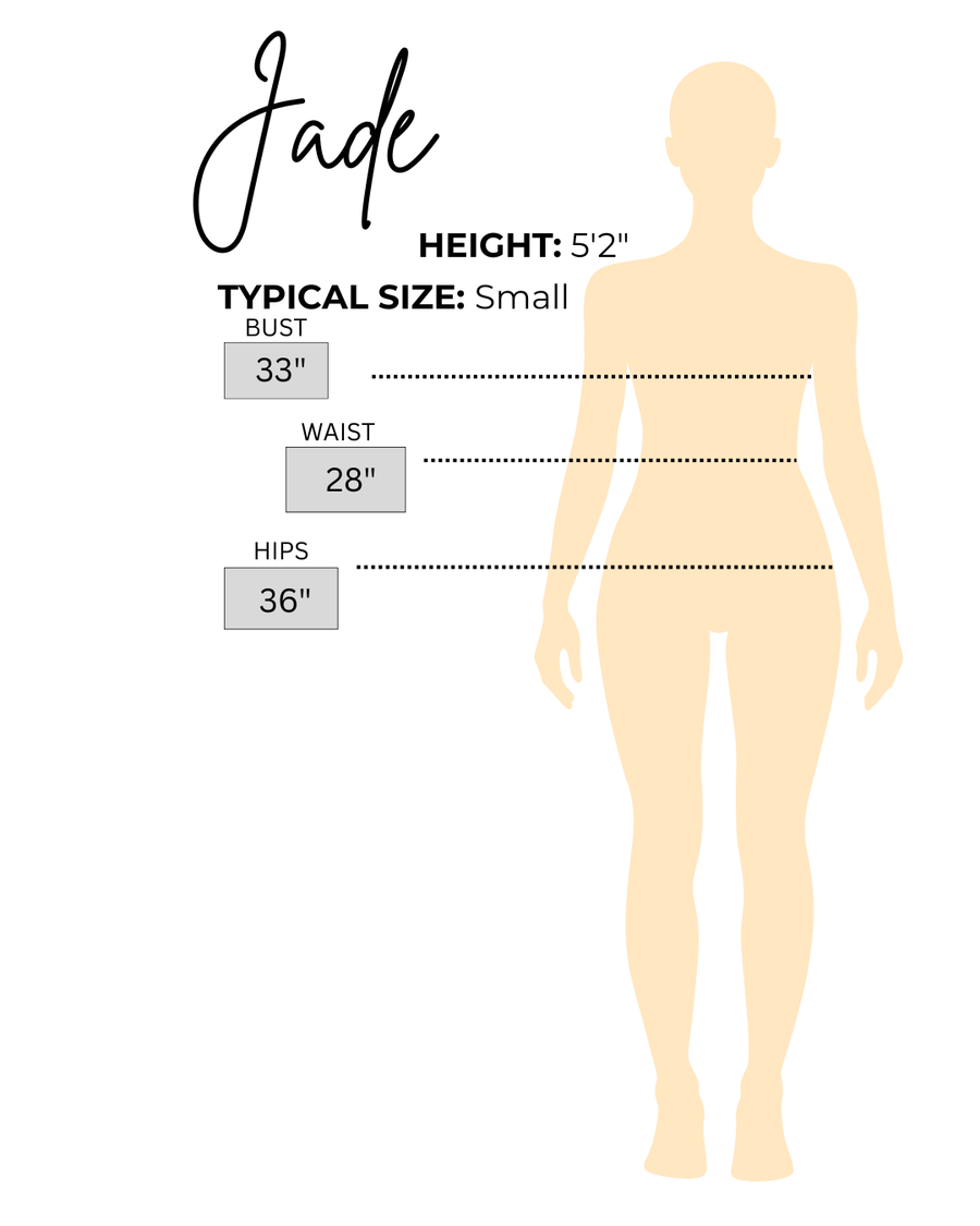 Sizing chart for Jade, the model wearing Peach Gingham Wrap Athletic Romper