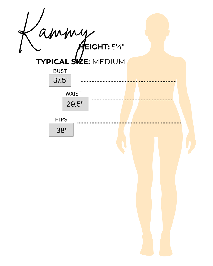 Sizing chart for Kammy, the model wearing Blue Striped Barrel Jeans