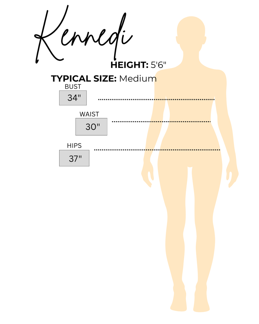 Sizing chart for Kennedi, the model wearing Black Gingham Scallop Halter Maxi Dress