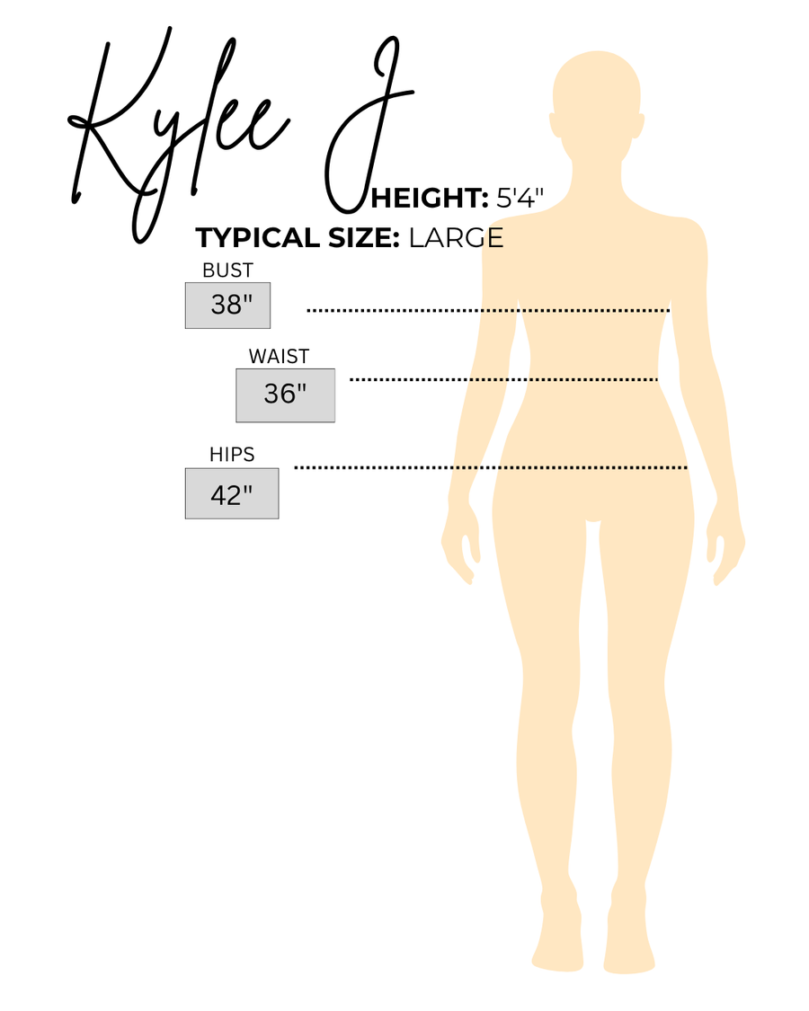 Sizing chart for Kylee J, the model wearing Hot Pink Eyelet Lace Set Blouse