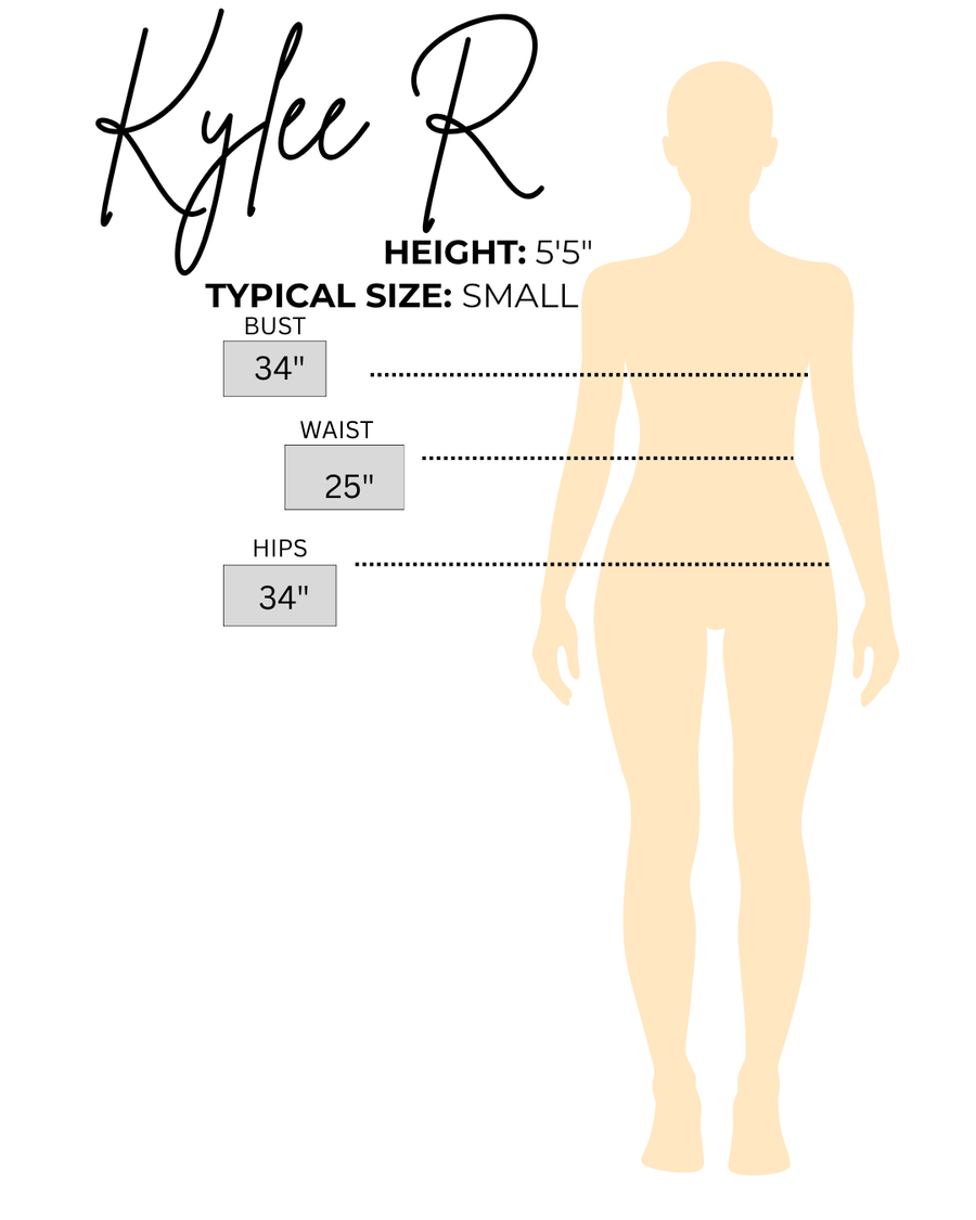 Sizing chart for Kylee R, the model wearing Purple Polka Dot Wrap Skort