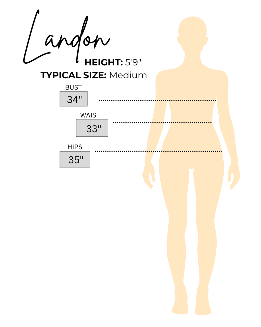 Sizing chart for Landon, the model wearing Taupe Tiger Print Pleated Shorts