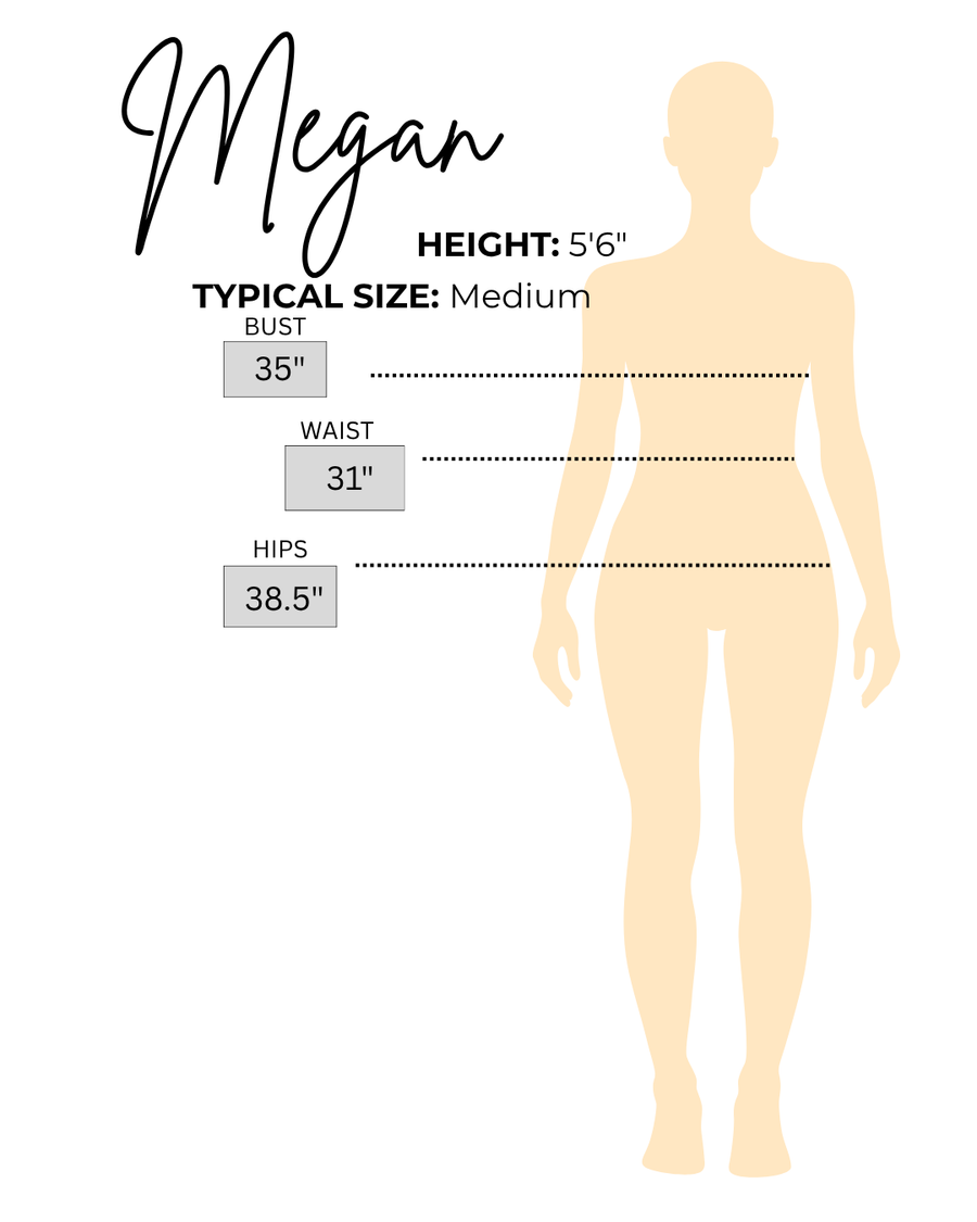 Sizing chart for Megan, the model wearing Geaux Mock Neck Sweatshirt