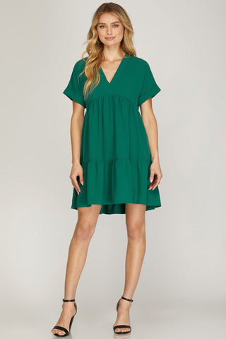 Green Short Sleeve Tiered Dress