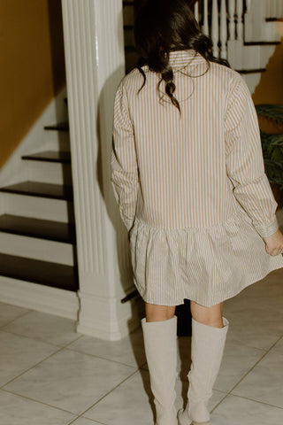 Tan Striped Button Up Flare Shirt Dress