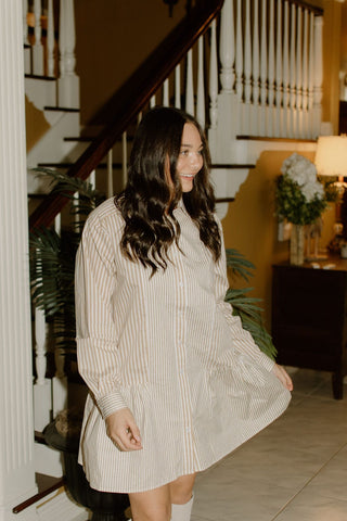 Tan Striped Button Up Flare Shirt Dress