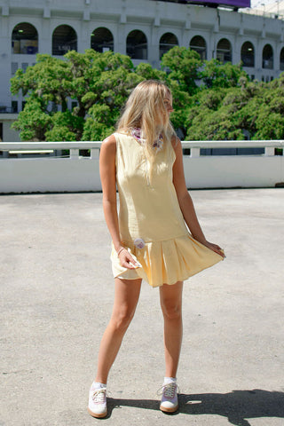 Yellow Drop Waist Pleated Hem Dress