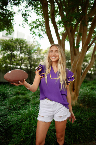 Purple & Yellow Ruffle Sleeve Blouse