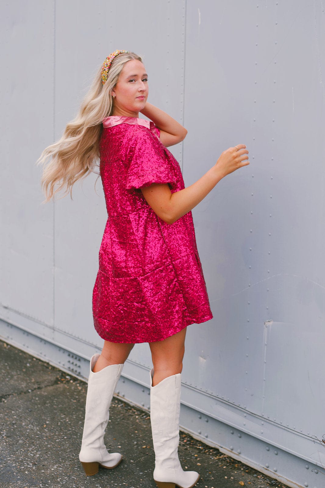 Hot Pink Sequin Button Up Dress