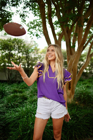 Purple & Yellow Ruffle Sleeve Blouse