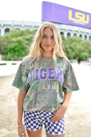 Purple Checkered Frayed Hem Shorts