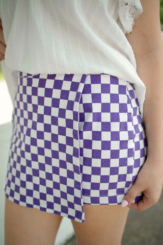 Purple Checkered Faux Wrap Mini Skort