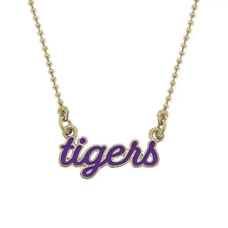 Cursive purple filled tiger necklace outlined in gold