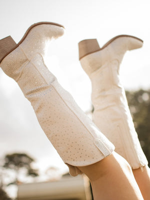 white rhinestone glitz pointed toe knee high faux suede cowgirl boots