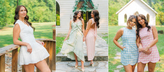 Women modeling pink and blue boutique dresses for spring events