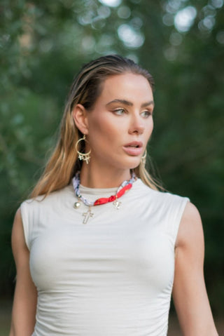 Red & White Charm Scarf Necklace