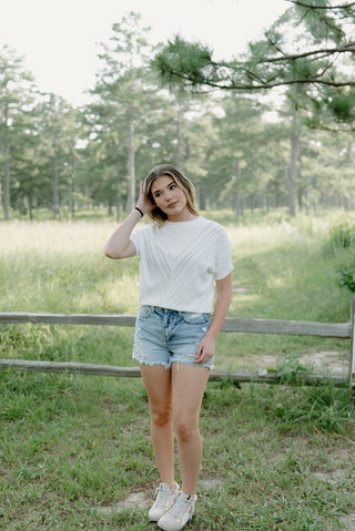 White Knit Pointelle Short Sleeve Top