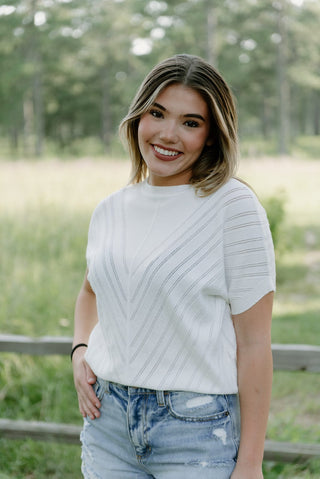 White Knit Pointelle Short Sleeve Top