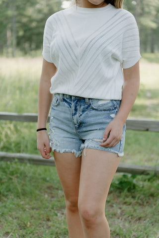 White Knit Pointelle Short Sleeve Top