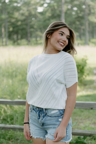 White Knit Pointelle Short Sleeve Top