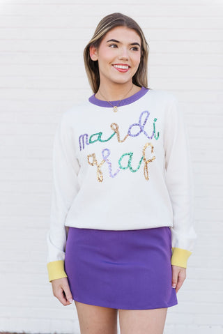 White Mardi Gras Sequin Sweater Top