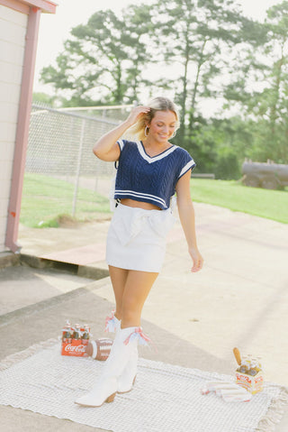 White Pearl Bow Leather Mini Skort