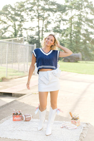 White Pearl Bow Leather Mini Skort