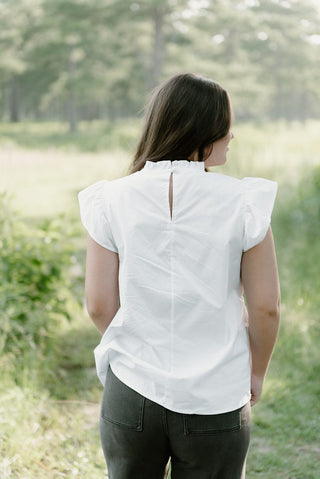 White Ruffle Sleeve Poplin Blouse