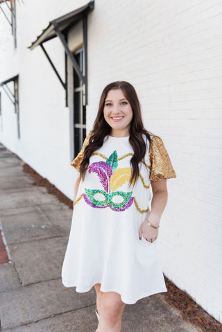 White Sequin Mardi Gras Mask Dress