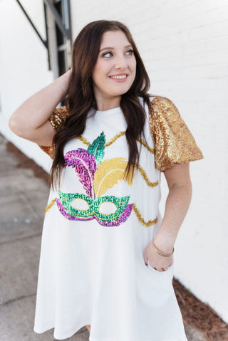 White Sequin Mardi Gras Mask Dress