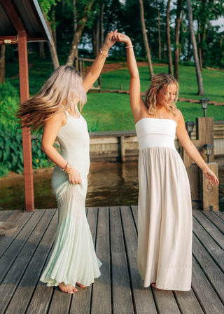 White strapless top and linen bottom maxi dress. The top can be folded over or worn all the way down